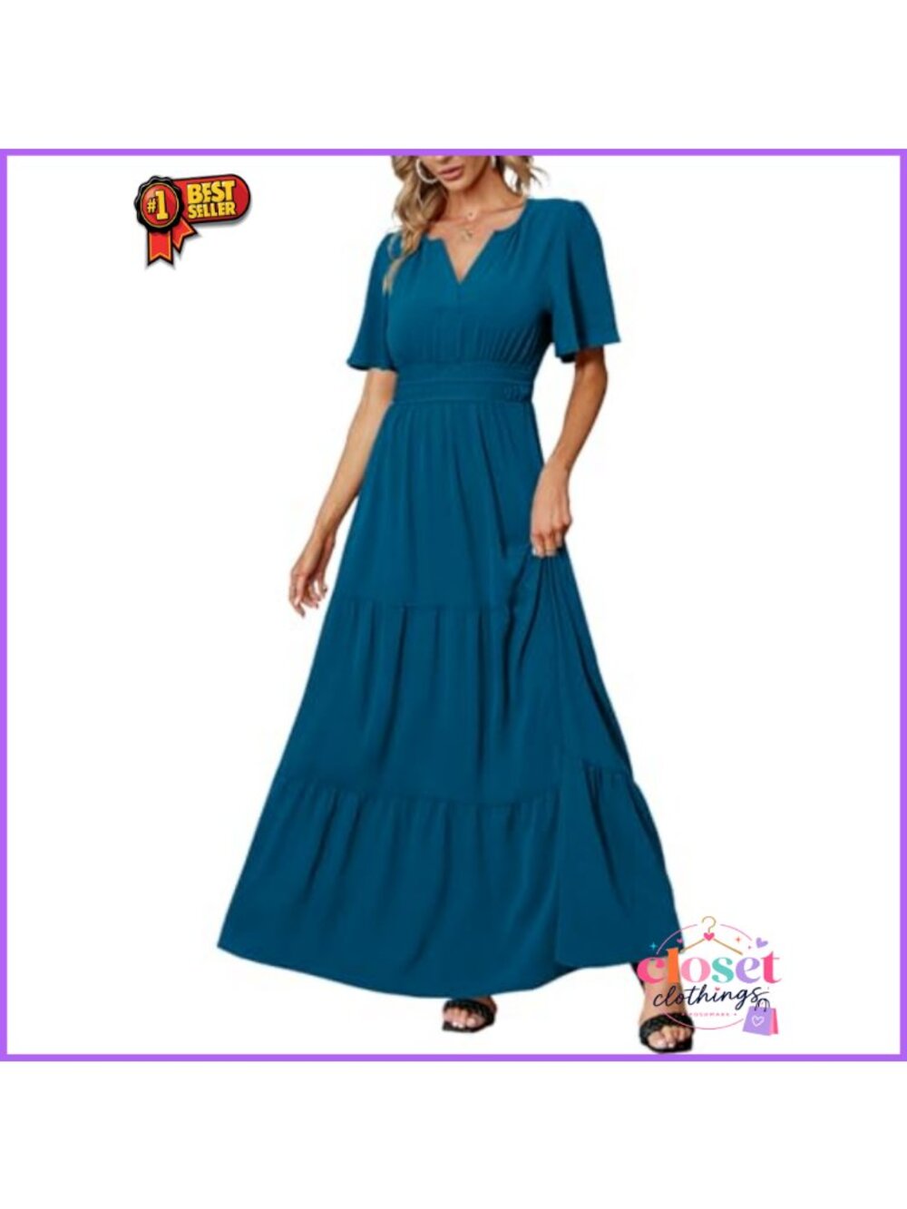 Women's V Neck Flutter Short Sleeve Tiered Ruffle Maxi Dress Formal Wedding